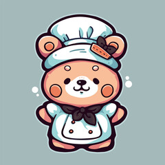 A cute cartoon bear is cooking in a kitchen.