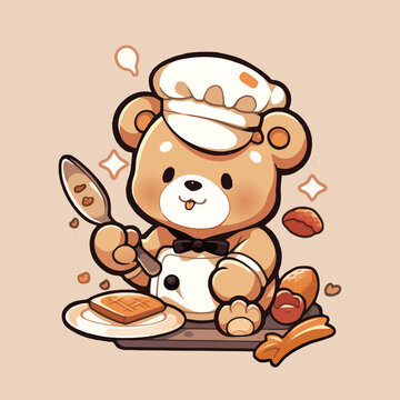 A teddy bear is cooking with a piece of toast.