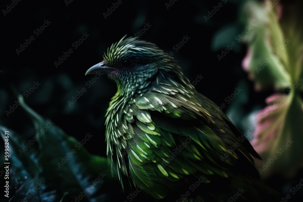 Poster a bird of green color perched on the branch of a tree that is covered with leaves generative ai