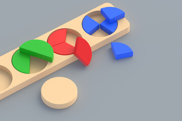 Fragmented circles. Educational logic toys. Copy space. 3d render