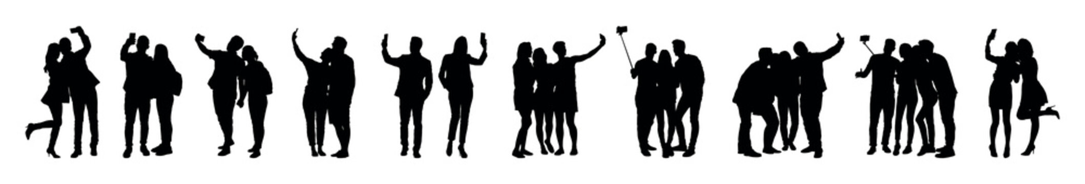 Set silhouettes of people taking selfie in various poses on white background. Group of people selfie vector collection.