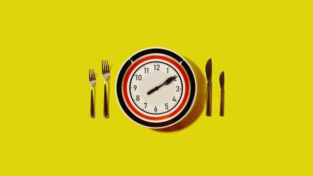 Clock with fork and knife as hands on yellow background