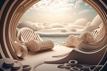 Multilayer paper sun loungers on the beach, paper art. sea view, aesthetics, sunny sky background. Generative AI
