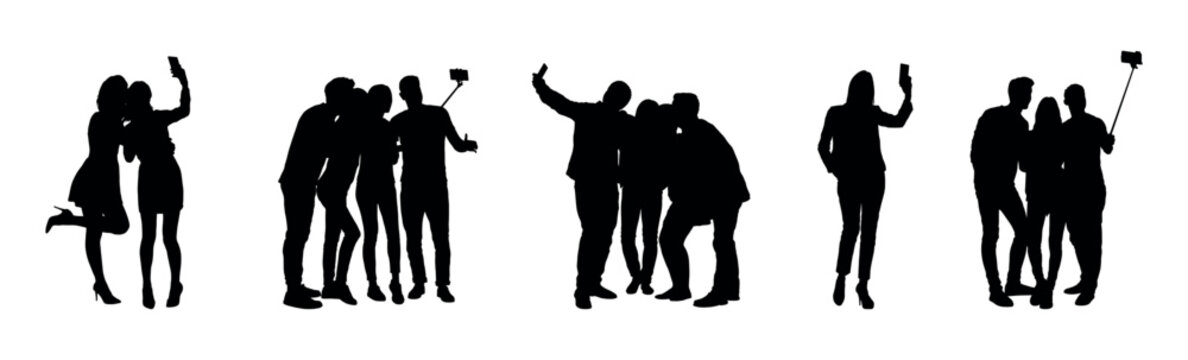 Silhouettes set of people taking selfie in different poses on white background vector collection.