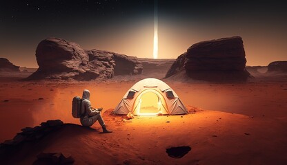 Fototapeta na wymiar Astronaut Camping on Mars generative ai