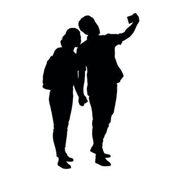 Couple taking selfie with mobile phone silhouette vector.