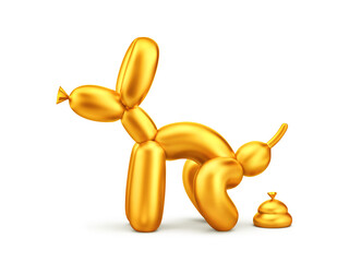 Golden balloon in the shape of pooping dog isolated on white. Clipping path included