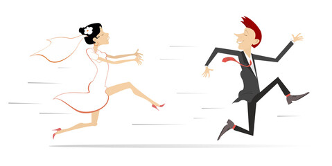 Married wedding couple. Bridegroom runs away from the bride illustration. 
Upset bride trying to catch up a runaway bridegroom. Isolated on white background
