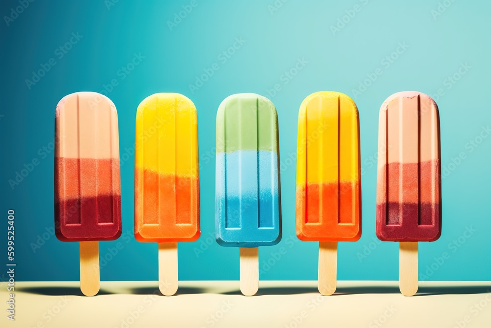 Poster a line of popsicles arranged in a row on the surface of the table generative ai