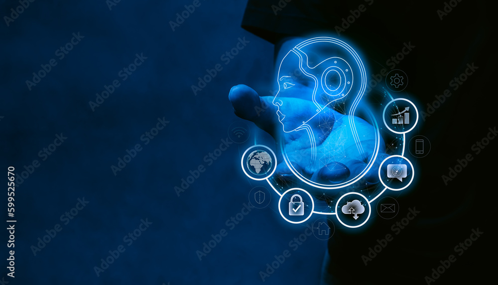 Poster ai machine learning and business management concept. futuristic hologram of artificial intelligence 