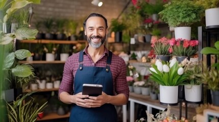 Entrepreneurial success: Small business owner managing flower shop with digital tablet. Generative AI.