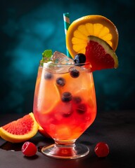 Refreshing and colorful summer cocktail with fresh fruit and an umbrella
