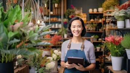 Entrepreneurial success: Small business owner managing flower shop with digital tablet. Generative AI.