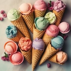 Colorful ice cream scoops in waffle cones a delicious summer treat