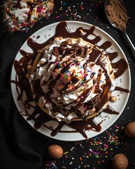 Indulgent ice cream sundae with chocolate sauce whipped cream and sprinkles