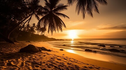 Breathtaking tropical beach sunset with silhouetted palm trees