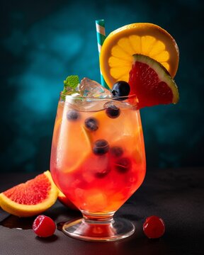 Refreshing and colorful summer cocktail with fresh fruit and an umbrella