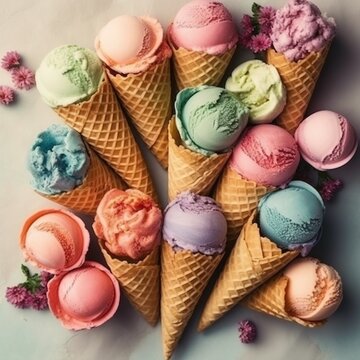 Colorful ice cream scoops in waffle cones a delicious summer treat