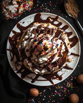 Indulgent ice cream sundae with chocolate sauce whipped cream and sprinkles