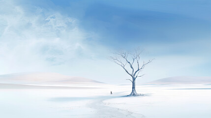 minimalist abstract illustration of a dead lone tree in open plain with white sand in ethereal dreamscapes art style, generative AI
