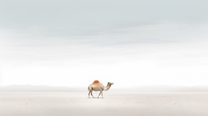 minimalist abstract illustration of a lone camel walking in the sahara desert with ethereal dreamscapes art style, generative AI