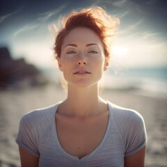 Portrait of a woman doing yoga on a beach
