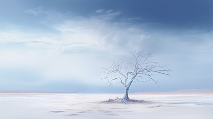 Fototapeta na wymiar minimalist abstract illustration of a dead lone tree in open plain with white sand in ethereal dreamscapes art style, generative AI