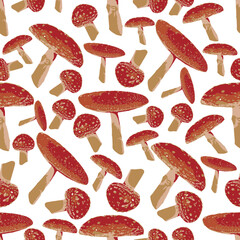 Fototapeta na wymiar Seamless mushrooms pattern. Red mushroom illustration of mushrooms on white background.