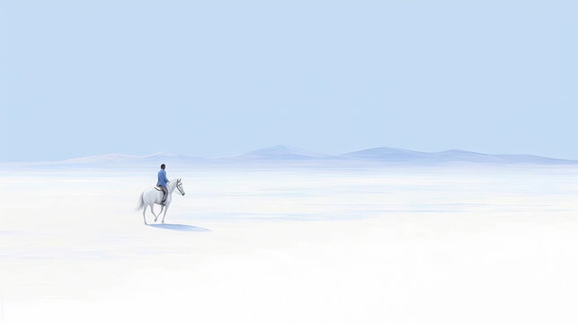 minimalist abstract illustration of a man riding a horse in open plain of white sand with ethereal dreamscapes art style, generative AI