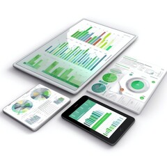 Stylish, contemporary green-based illustration showing graphs on a smartphone tablet device. generative ai