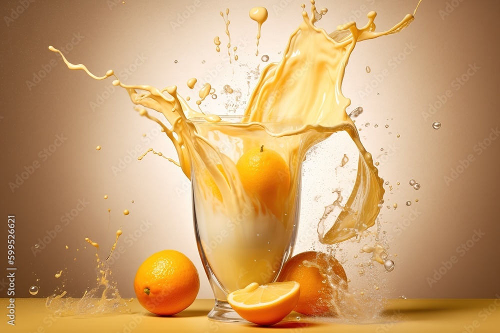 Poster a segment of orange falling into a glass of freshly squeezed orange juice generative ai