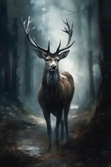 deer stands and look: full body portrait digital brush painting of a deer with large antlers in forest  with blue-grey light created with Generative AI technology