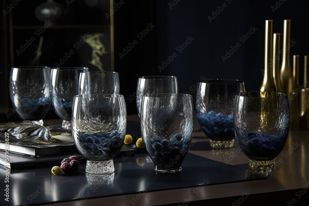 Aufkleber a number of wine glasses arranged in a cluster on the table. generative ai