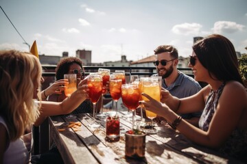 Candid shot of a group of friends toasting with drinks on a rooftop patio, enjoying a summer social gathering and celebrating togetherness, generative ai