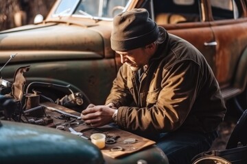 Man outdoors restoring a classic car, immersed in his hobby, showcasing passion and the joy of tinkering with a beloved vehicle, generative ai