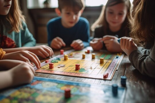 Candid group of children playing a board game, evoking nostalgia and the simple joys of childhood, generative ai