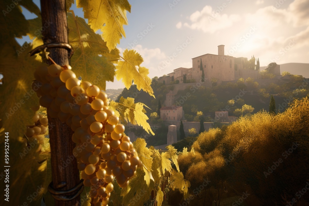 Poster a cluster of grapes that are supported by a vine. generative ai