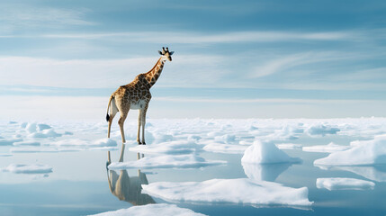Giraffe sur la banquise, concept de réchauffement climatique, écologie, protection animaux en voie d'extinction (AI) - obrazy, fototapety, plakaty