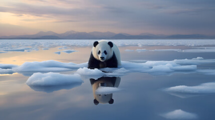 Panda sur la banquise, concept de réchauffement climatique, écologie, protection animaux en voie d'extinction (AI)