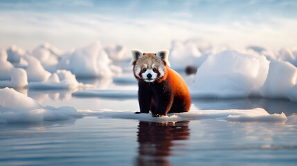 Panda roux sur la banquise, concept de réchauffement climatique, écologie, protection animaux en voie d'extinction (AI) - obrazy, fototapety, plakaty