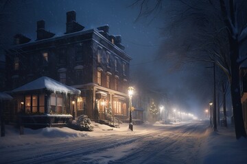 a snow-covered road lined by buildings and illuminated by streetlamps Generative AI - obrazy, fototapety, plakaty