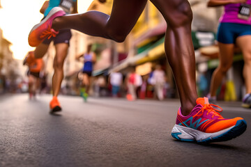 Close-up of a Group of Runners Legs in a Road Race, Running the the Streets of a City,  Generative AI - 599528285