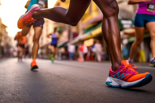 Close-up of a Group of Runners Legs in a Road Race, Running the the Streets of a City,  Generative AI