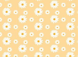 Seamless Pattern With Daisy Flower On Yellow Vintage Background. And Daisy Icons
