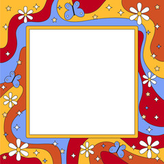 Vector retro groovy psychedelic square frame template. Trendy 70s surreal vintage style . Colorful wavy background with flowers. Trippy hippie culture backdrop.