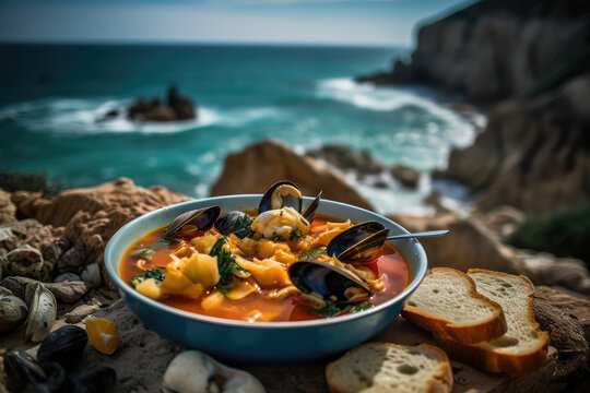 Mediterranean Sea Feast. Dive into a mouthwatering dish of bouillabaisse served on a vibrant plate, accompanied by a breathtaking beach background. Copy space. Cuisine concept AI Generative