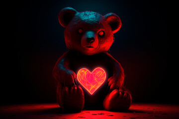 A scary teddy bear on a red background. Generative AI