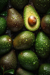 Fresh Green Avocados with Droplets of Water and Leafs, Top-View Close-Up Background