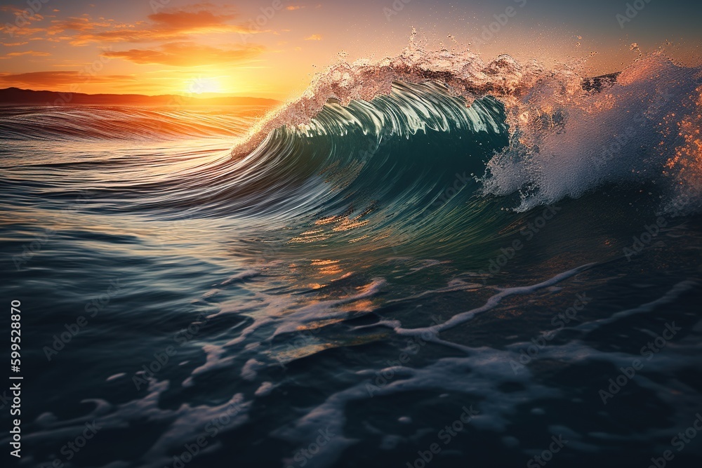 Poster a spectacular view of a giant wave breaking in the ocean with the sun setting in the backdrop genera