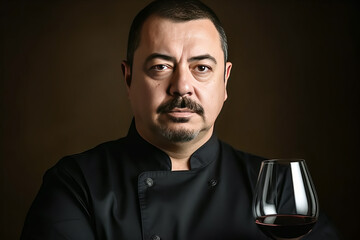 Obraz premium PORTRAIT OF CHEF AND GLASS OF WINE. AI ILLUSTRATION. COLOR. HORIZONTAL.